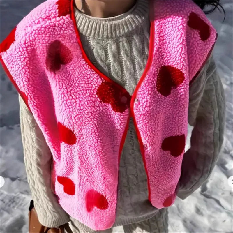 Women Winter Vest Sleeveless Jacket Button Closure Heart Print Warm Furry Vest Outwear for Valentine's Day