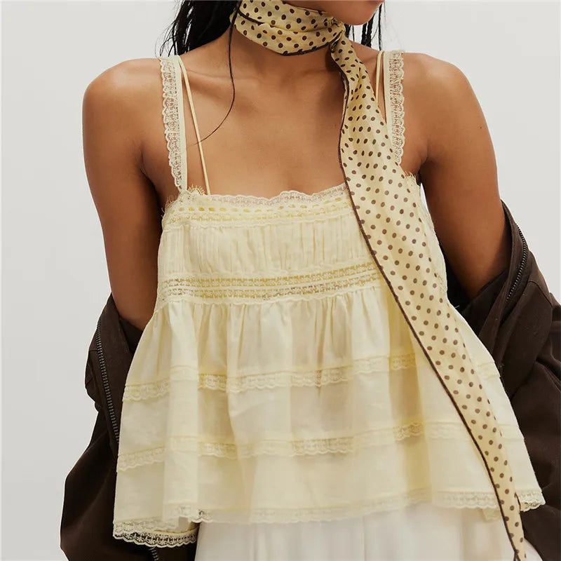 Coquette Lace Trim Tiered Ruffle Camisole Women Spaghetti Strap Babydoll Cami Top for Casual Streetwear Vacation