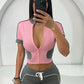 Summer 2Piece Set Tracksuit Women Zip Patchwork Shorts Sleeve Crop Tops+Shorts Matching Sporty Skinny Stretch Outfits