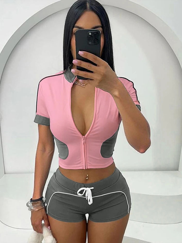 Summer 2Piece Set Tracksuit Women Zip Patchwork Shorts Sleeve Crop Tops+Shorts Matching Sporty Skinny Stretch Outfits