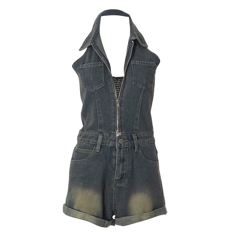 Denim Backless Rompers Women Sleeveless Hater Zip Button Pocket Hipster Vintage Skinny Summer Playsuit Streetwear