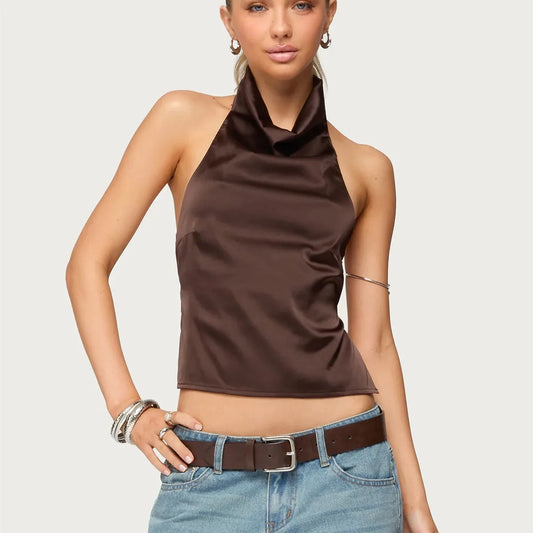 Women’s Summer Halter Tops Summer Casual Solid Color Slim Fit Cowl Neck Backless Satin Silk Vest Holiday Beachwear