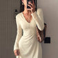 Women Deep V Neck Long Sleeve Sexy Mini Dress Pleated Shoulder Ruched Waist Bodycon Dress Elegant Club Party Dresses