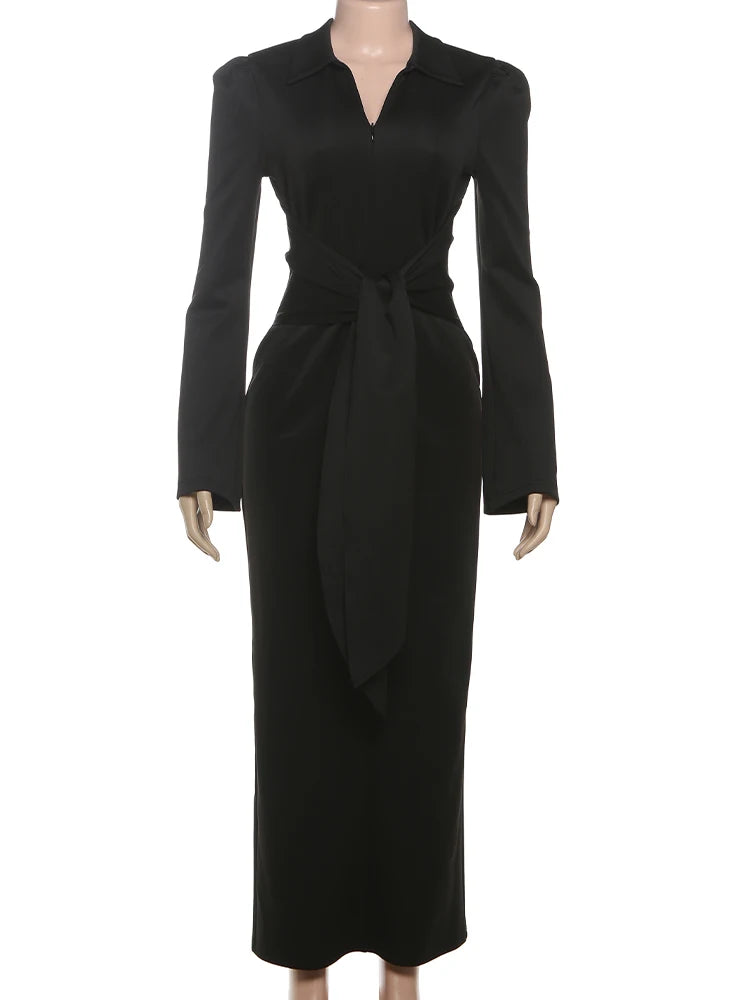 Sexy Maxi Dress Women Shoulder Padded Zip Wrapped Bandage Long Sleeve Slit Elegant Solid Office Simple Skinny Bodycon