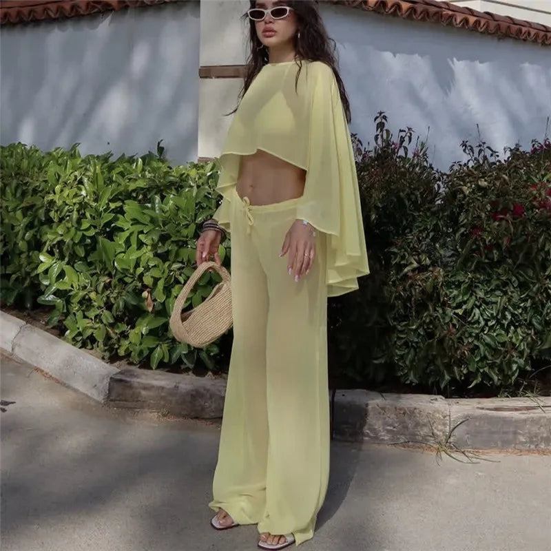 Y2K Retro Sheer Chiffon Cape 2 Piece Set Women Cropped Flowy Top Drawstring Wide Leg Pants Beach Street Matching Outfit