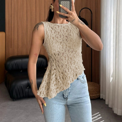 Summer Lace Sexy Tank Top Women Fashion O Neck See Through Sleeveless Tank Tops Vest Female Elegant Irregular Top Tees