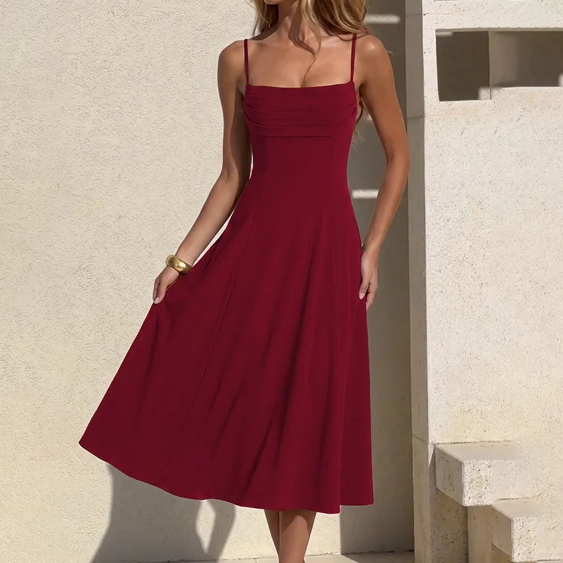 Spaghetti Strap A-line Midi Dress with Draped Neckline Elegant Brown Dresses for Woman 2026