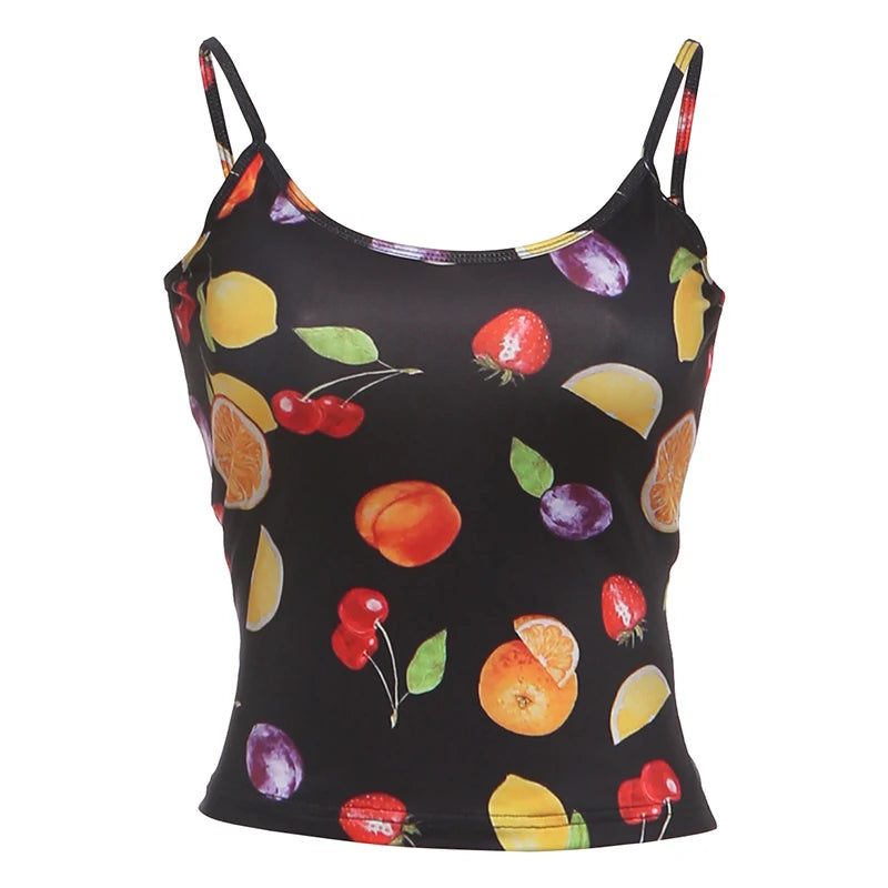 Fruit Print Camisole Women Low-Neck Sexy Midnight Skinny Music Festival  Summer Trend Hottie High Street Wild Clubwear