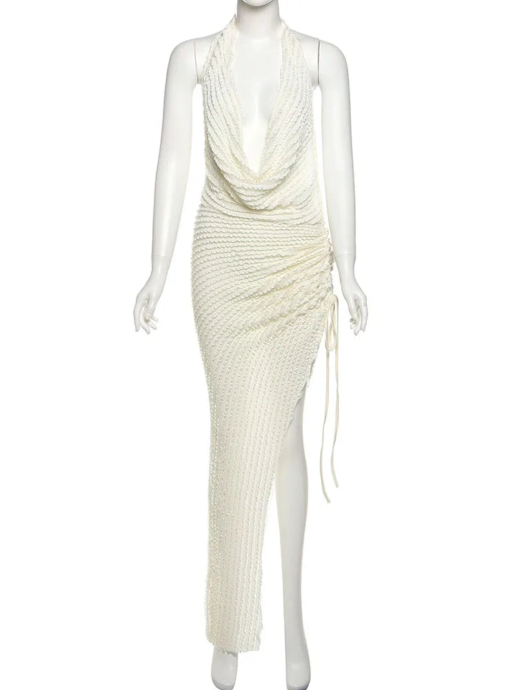 Ruffles Patchwork Dress Women Y2K Halter Swing Collar Sexy Backless Sleeveless Side Shirring Ruched Elegant Vestidos