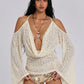 Swing Collar Women Butterfly Sequin Applique Chic Chain Patchwork Backless Off-Shoulder Bell Sleeve Sexy Trend Streetwear