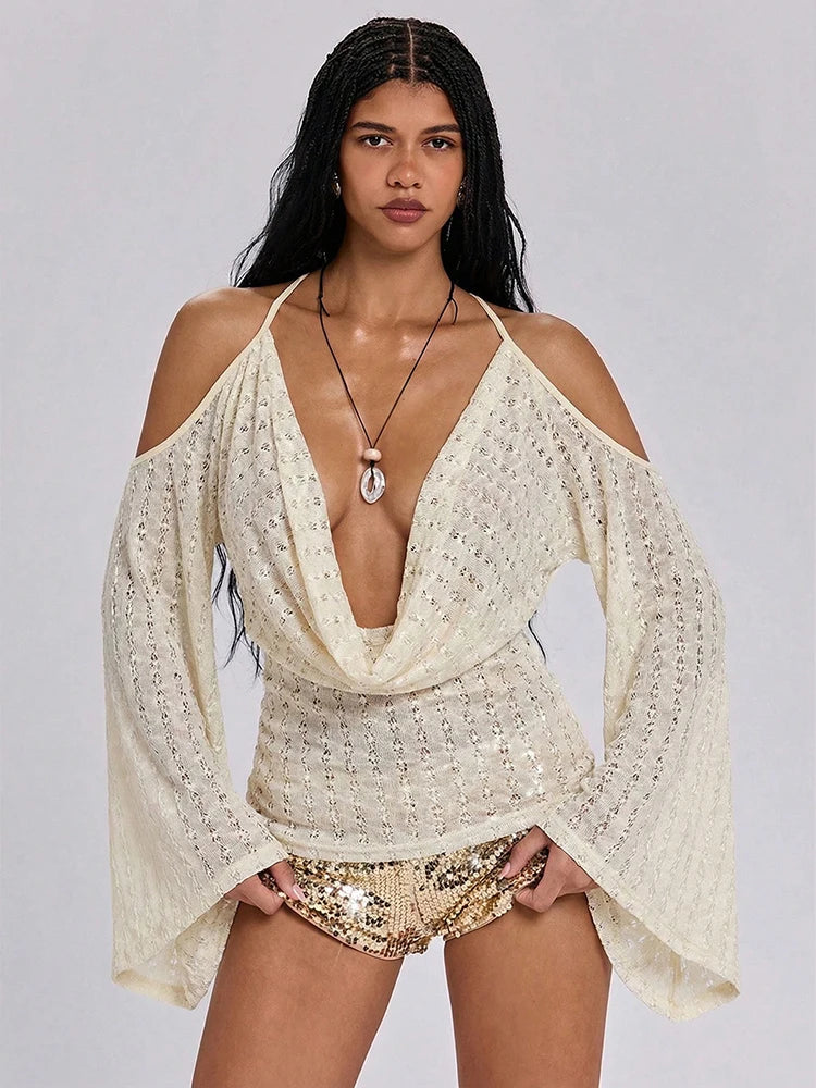 Swing Collar Women Butterfly Sequin Applique Chic Chain Patchwork Backless Off-Shoulder Bell Sleeve Sexy Trend Streetwear