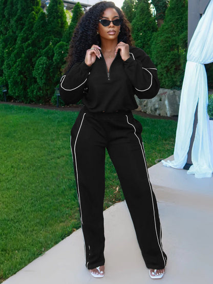 Sporty 2-Piece Set Women Zip Polo-Neck Drawstring Crop Tops+Stripe Pants Matching Simple Casual Tracksuit Streetwear