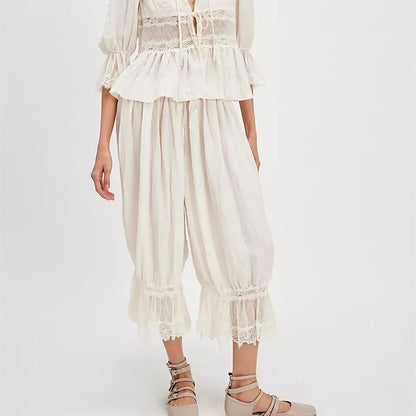 Women Y2K Lace Trim Pants Vintage Pettipants Long Bloomers Pants Under Dress Pantaloons Cute Ruffle Pumpkin Pants