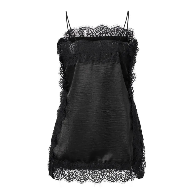 Elegant Lace Patchwork Cami Tops Women Solid Sleeveless Square Neck Loose Vest Suit Autumn Lady Chic Satin Party Outfit