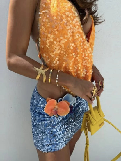 Sexy Sequins Deep V Backless Halter Tops Island Clothing Summer 2025 Fashion Tank Top Woman Beach Resort Wear