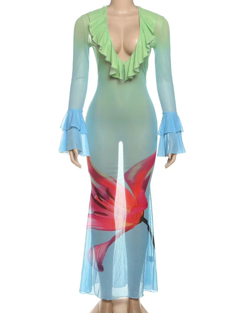 Lower Print See Through Dress Women Y2K Gradient Ruffles Low-Neck Flare Sleeve Summer Holiday Beach Midnight Vestidos