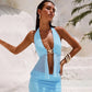 Sexy Mesh 2 Piece Set Backless Halter Top and Long Skirts Matching Sets Woman Vacation Outfits