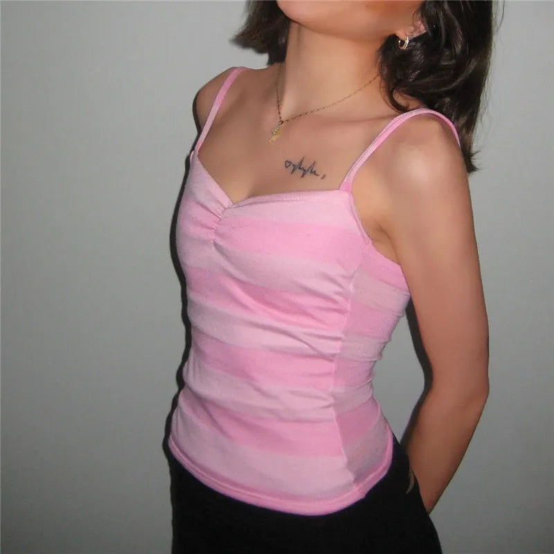 Cute Stripe Camisole Top Summer Women Sweetheart Neck Spaghetti Strap Slim Low Back Crop Top Y2K Aesthetic Streetwear
