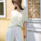 Women's Minimal Striped T‑Shirt with Embroidered Cat Pocket Detail, Short Sleeve Regular Tee for Summer, Soft Daily Wear