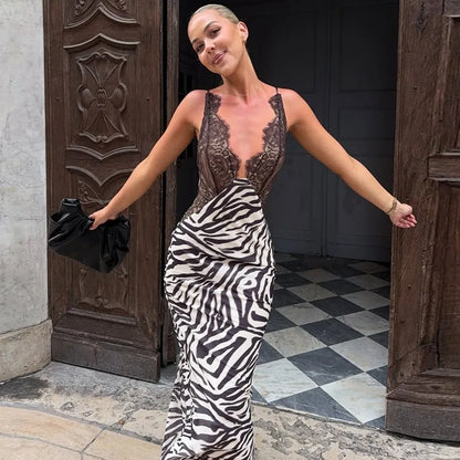 Abstract Zebra Print Black Lace Dresses Spaghetti Strap V Neck Backless Maxi Dress Sexy Vacation Outfits