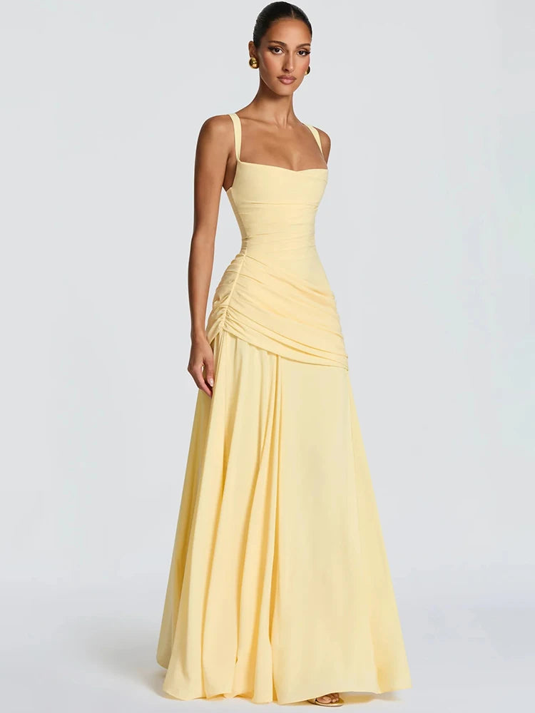 Square Collar Backless Sexy Maxi Dress Women Elegant Chiffon Sleeveless Bodycon Club Party Pleated Long Dresses