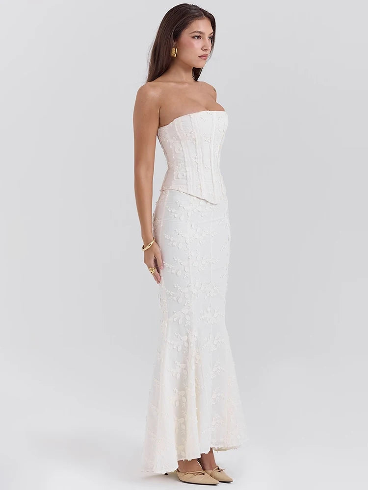 Strapless Sexy Two Piece Set Women White Off-shoulder Lace-up Crop Tops And Maxi Skirt Matching Sets Female Dress Set