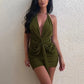 Ruched Belt Ribbon Sexy Dress Women Deep V-Neck Simple Elegant Backless Sleeveless Lace-up Halter Midnight Club Party