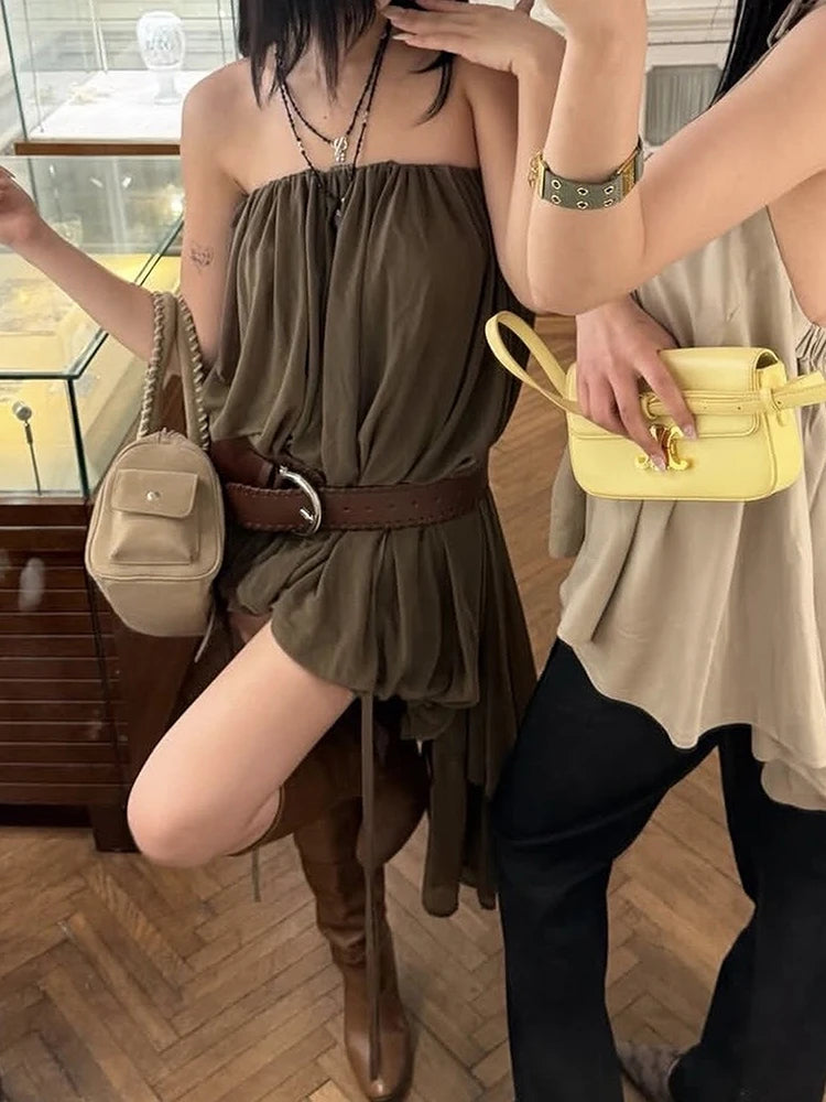 Irregular Hem Dress Women Chest Wrap Folds Drawstring Tassel Sleeveless Solid Summer Fashion High Street Sexy Bodycon