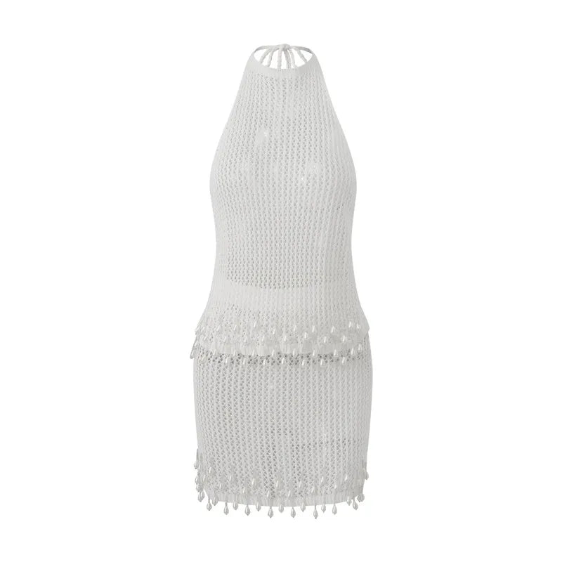 Women's Knit Skirt Set for Summer Stylish Solid Hollow Out Tie Back Backless Halter Tops with Mini Skirt 2 Pcs Set