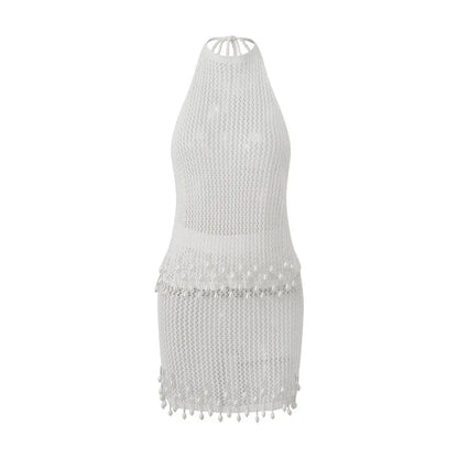 Women's Knit Skirt Set for Summer Stylish Solid Hollow Out Tie Back Backless Halter Tops with Mini Skirt 2 Pcs Set