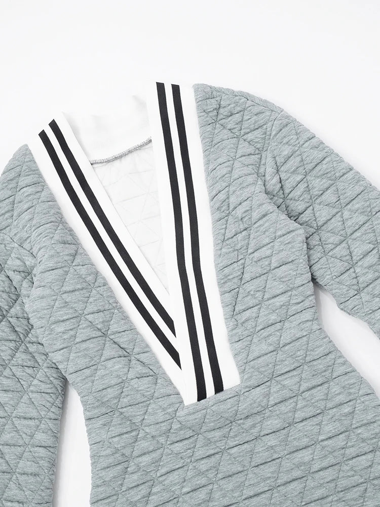 Deep V-Neck Dress Women Sexy Patchwork Elastic Waffle Plaid Long-Sleeve Autumn Hipster Peach Hip Streetwear Bodycon