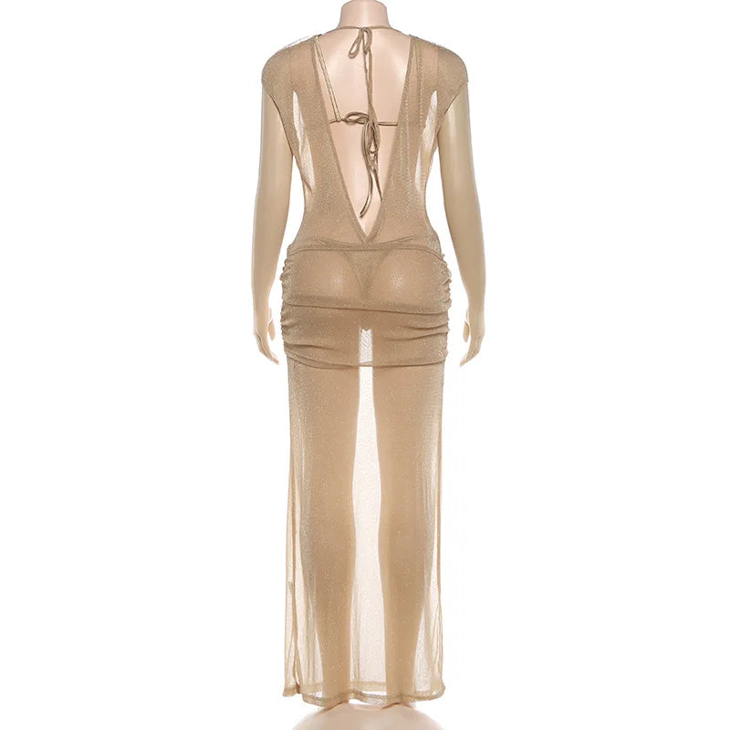 Women 3 Piece Glitter Sheer Mesh Dress Set with Satin Bikini Set Cap Sleeve Deep V Neck Twisted Waist Backless Cover Up