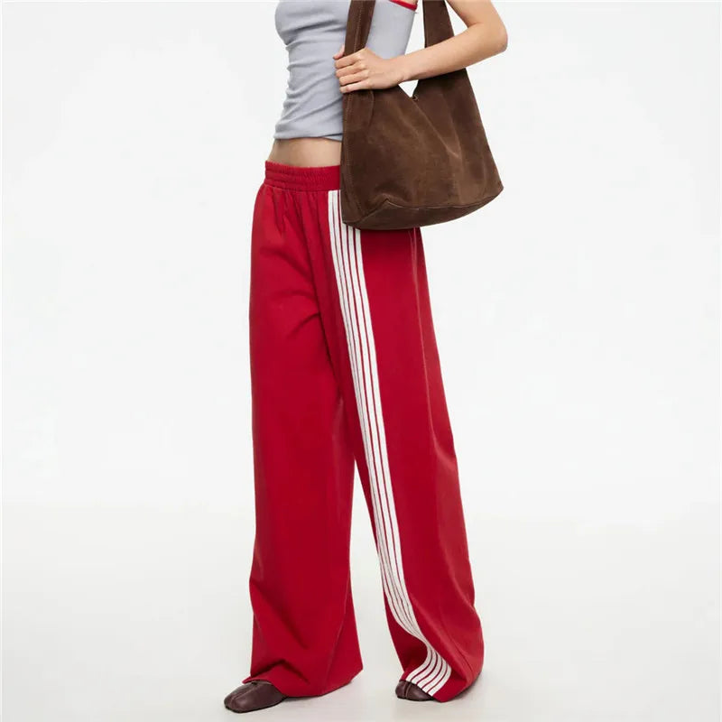 Y2K Women Side Striped Wide Leg Sweatpants Elastic Waist Loose Floor‑Length Sport Trousers Streetwear Casual Pants