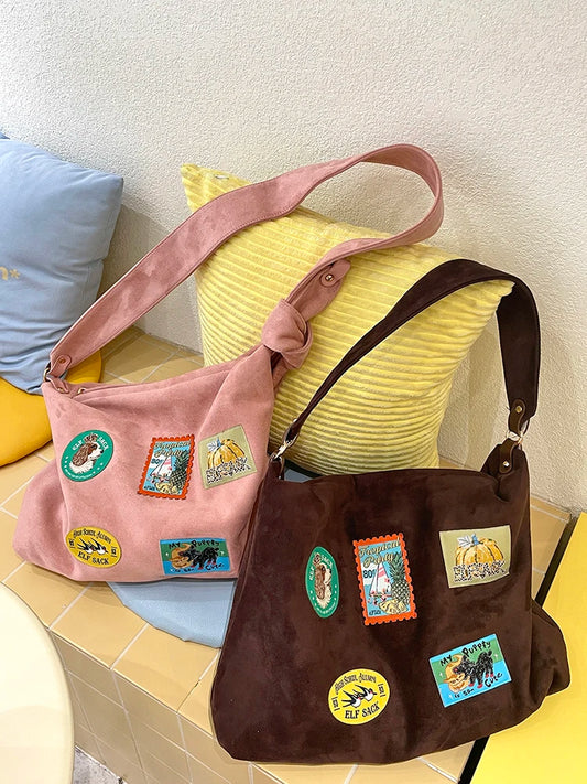 2025 Autumn New Arrival Cute Casual Animal Stamp Embroidery Shoulder Suede Tote Bag For Woman