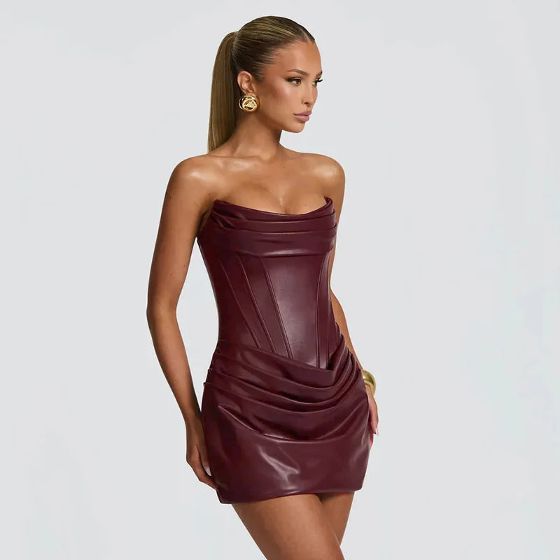 PU Leather Strapless Bodycon Dress Low Cut Fishbone Corset Pleated Mini Dresses Sexy Outfits Women Club Wear