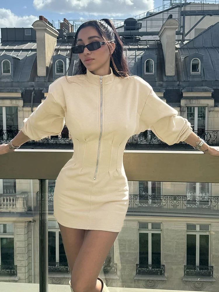 Hottie Autumn Trend Sweatshirt Dress Women Zip Stand Collar Peach Hip Simple Daily Fashion Sporty Street Slim Bodycon
