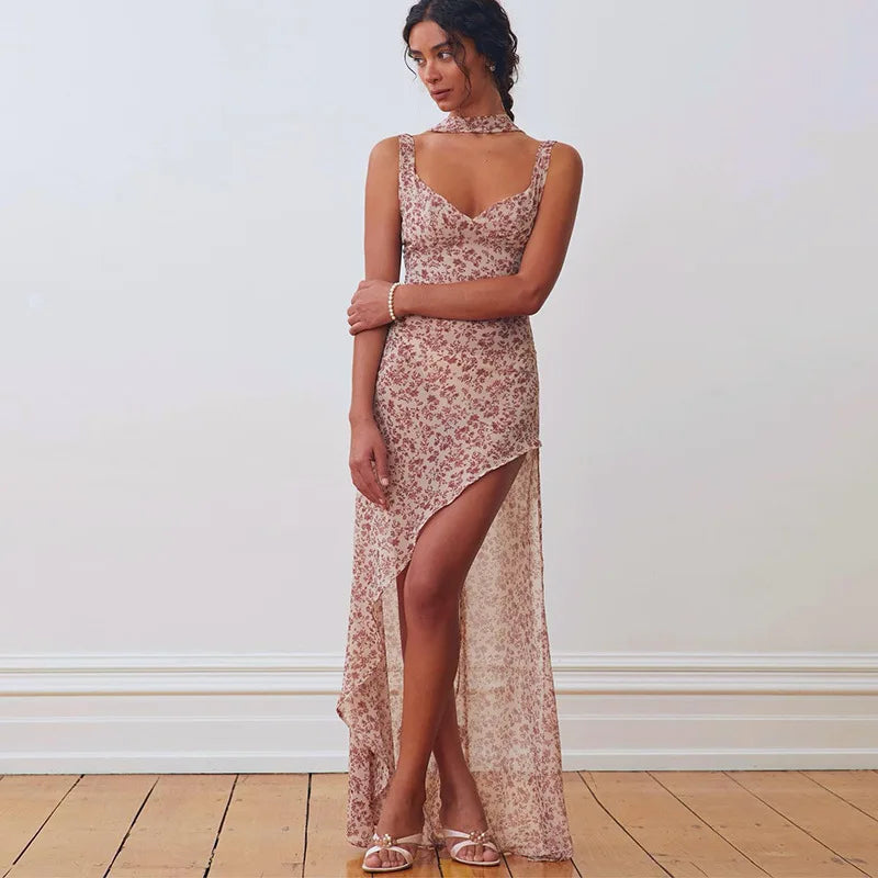 Sexy Asymmetrical Halter Backless Long Dresses Floral Print Chiffon Beach Vacation Summer Dress Womens