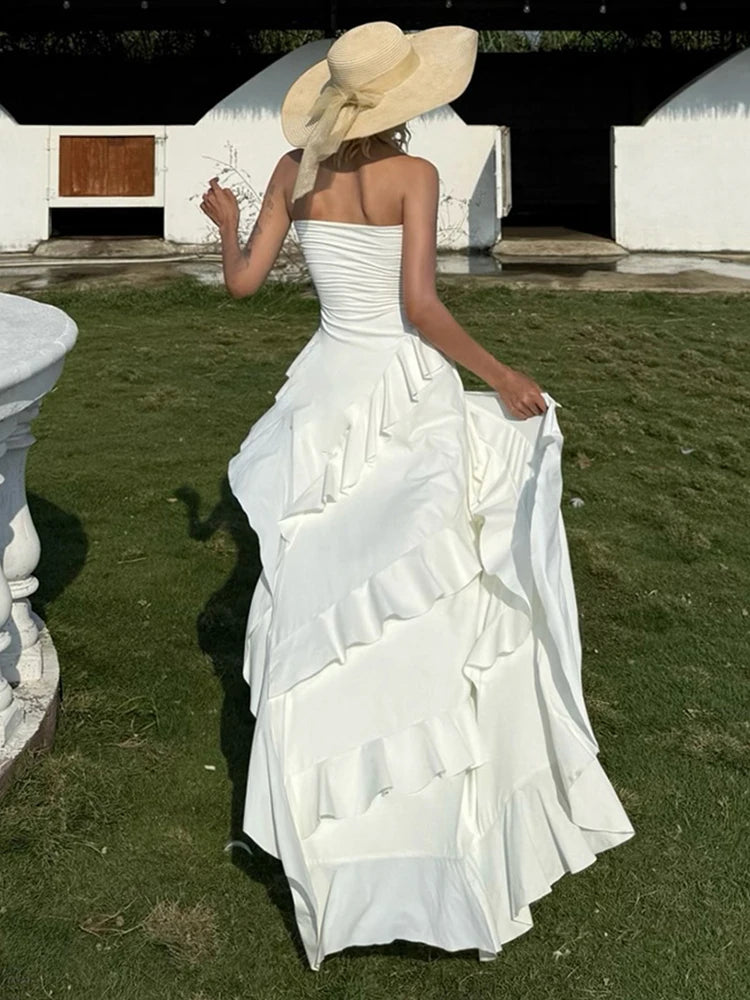 Y2K Tierred Maxi Dress Women Chic Summer Trend Irregular Split Hem Wrap Elegant Beach Club Party Vacation Vestidos