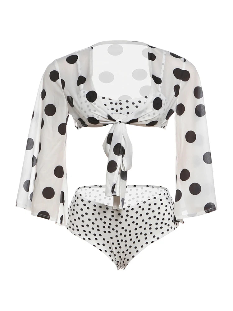 Beach Y2K Style 3 Piece Set Woman Polka Dot Print Full Sleeve Knot Tops+Low-Neck Bra+Mini Shorts Sexy Fashion Suits