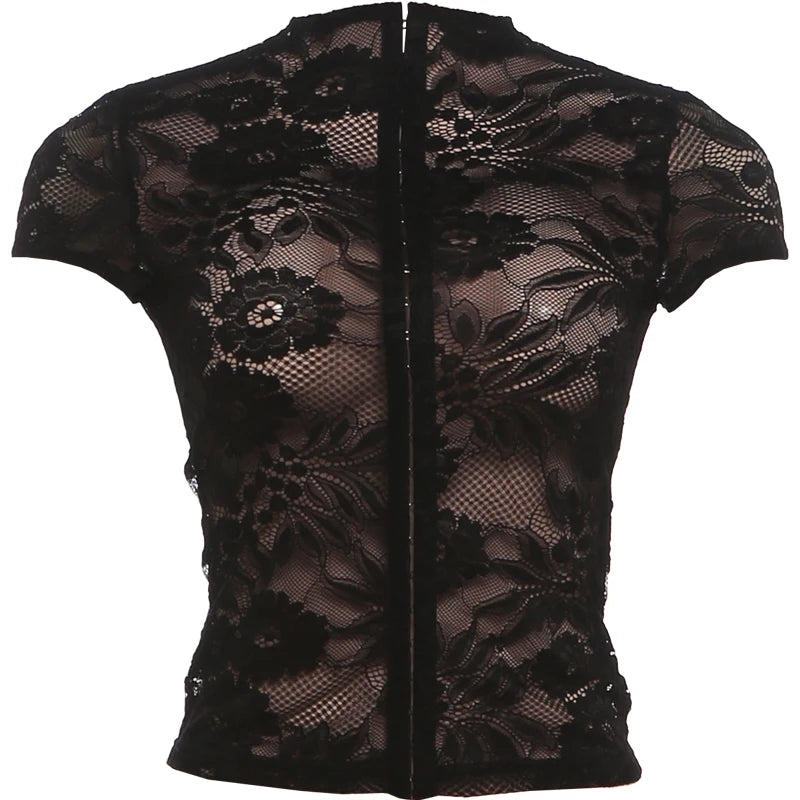 Metal single-breasted T-Shirt Women Sexy Jacquard See Through Turtleneck Short Sleeve Wild Chic Trend Street Clubwear