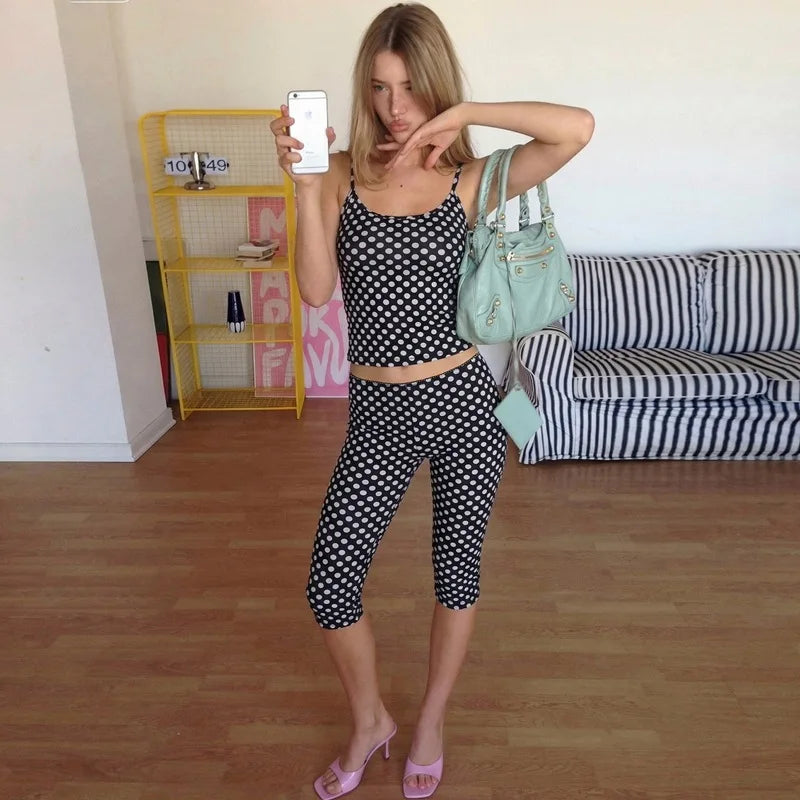 Y2K Women Polka Dot Two Piece Set Spaghetti Cami Crop Top and Slim Capri Pants Streetwear Outfit Casual Daily Vacation