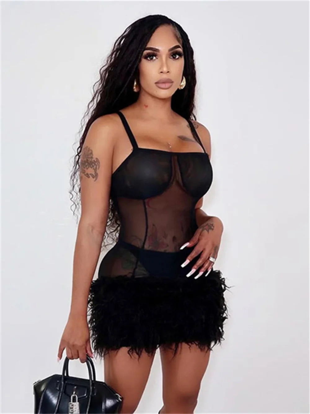 Patchwork Feather Dress Women Sexy Sleeveless Coquette Peach Hip Midnight Party Clubwear Stretch Skinny Mini Bodycon