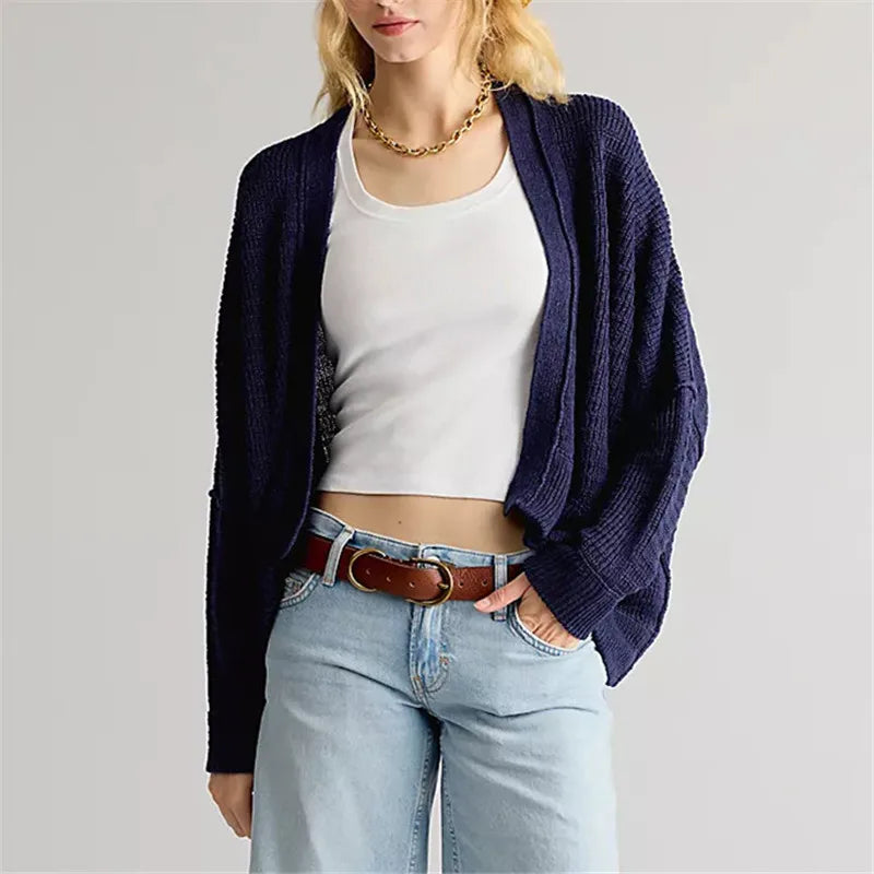 Women Open Front Waffle Knit Cardigan Batwing Long Sleeve Loose Irregular Hem Hollow Knitted Outerwear Boho Casual Top
