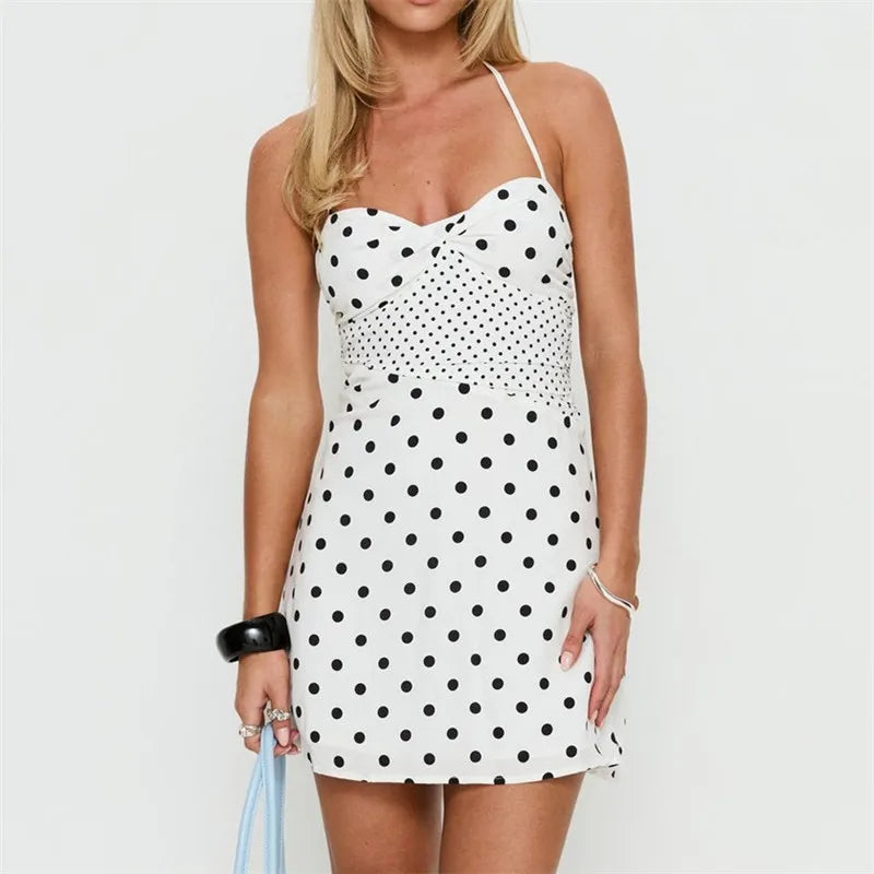 Women White Polka Dot Halter Mini Dress Sweetheart Neck Smocked Waist A Line Dress Sleeveless Tie Back Party Club Outfit