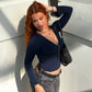 Solid Color Slim Low Cut Deep V Long Sleeve Tops for Woman Sexy Fall Clothes Basic Casual Tee Shirts Ladies