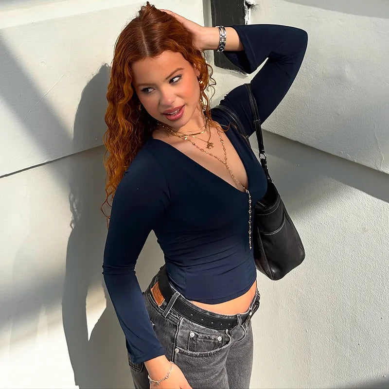 Solid Color Slim Low Cut Deep V Long Sleeve Tops for Woman Sexy Fall Clothes Basic Casual Tee Shirts Ladies