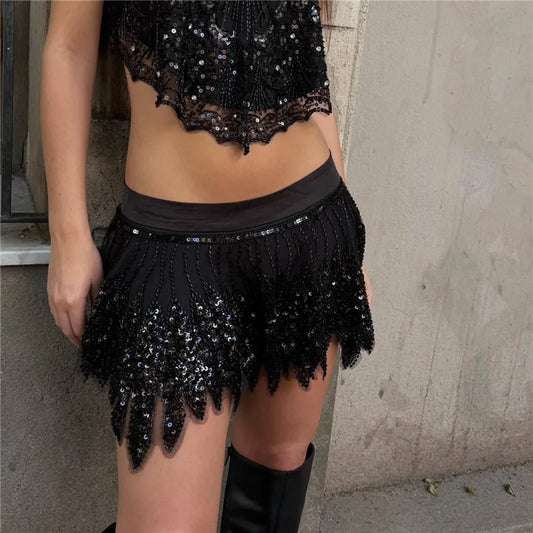 Women Y2K Sparkly Sequin Beaded Mini Skort with Jagged Scalloped Hemline Summer Party Club Festival Outfits