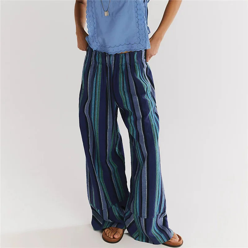 Bohemian Striped Wide Leg Pants Women Elastic Waist Casual Loose Fit Trousers Colorful Striped Beach Pants For Summer