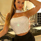 Rhinestone Applique Tank Tops Women Hottie Chic Halter Backless Patchwork Stretch Coquette Midnight Party Clubwear