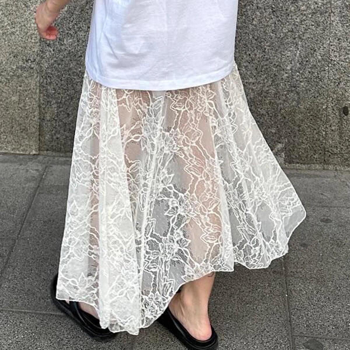 Women Fairy Lace Maxi Skirt Y2K Vintage Sheer Mesh Lace Floral Bodycon Long Skirt Sexy See-Through Half Slip Skirts